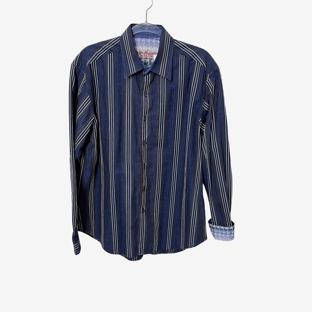 Robert Graham Button Down Shirt Mens Large Navy Blue Striped Embroidered